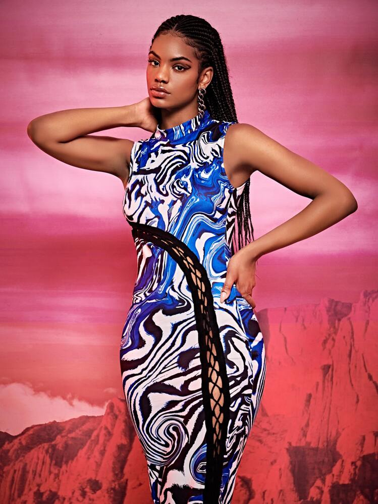 SHEIN BAE Marble Print Lace Up Front Bodycon Dress - Multicolor - View 5