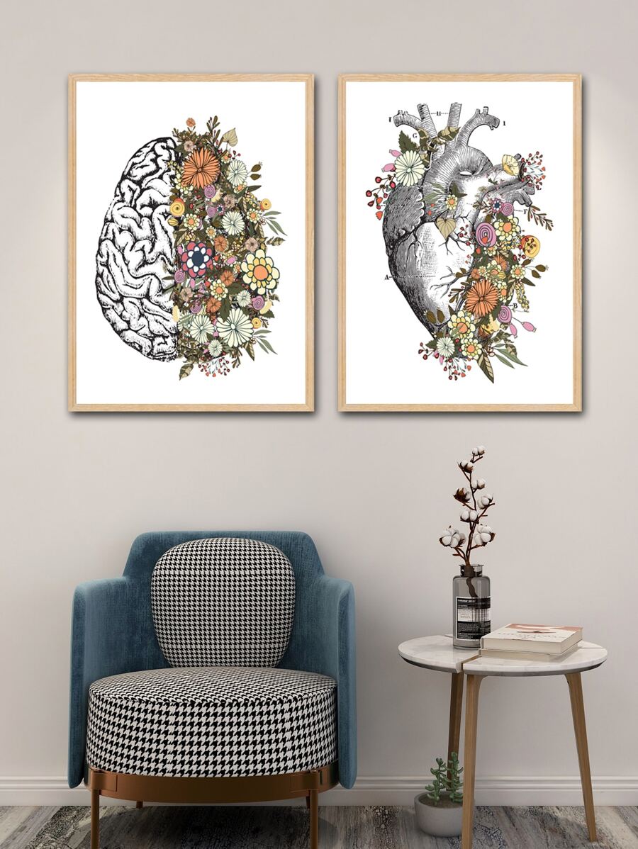 2入組大腦和心無框畫 - 黑色 - 查看 1
