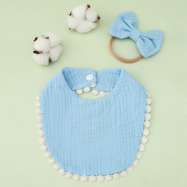 

1pc Baby Bow Hair Band & 1pc Bib, Baby blue