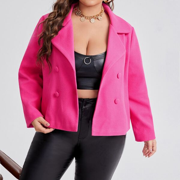 

Plus Lapel Collar Double Breasted Overcoat, Hot pink