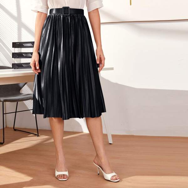 

Solid Pleated Skirt With Belt, Black