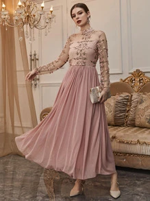 Modelyn Appliques Mock Neck Mesh Dress - Pink - View 1