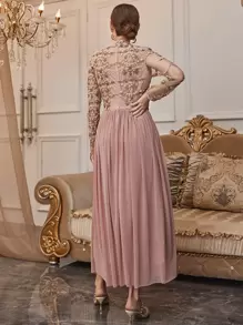 Modelyn Appliques Mock Neck Mesh Dress - Pink - View 2