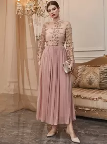 Modelyn Appliques Mock Neck Mesh Dress - Pink - View 3