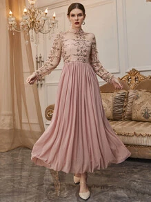 Modelyn Appliques Mock Neck Mesh Dress - Pink - View 4