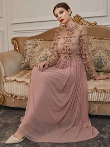 Modelyn Appliques Mock Neck Mesh Dress - Pink - View 6