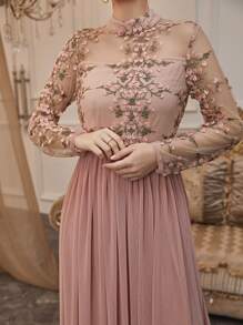 Modelyn Appliques Mock Neck Mesh Dress - Pink - View 5