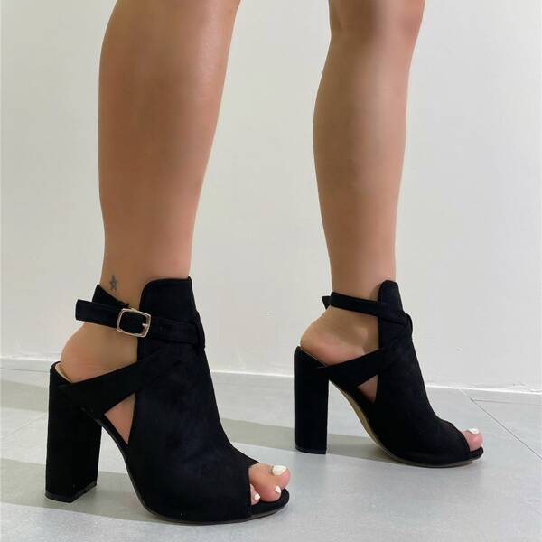 

Cross Strap Cut Out Chunky Heeled Sandals Boots, Black