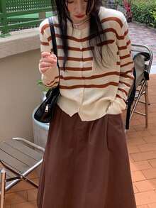 條紋圖案前排扣開襟衫 - 杏色 - 查看 2