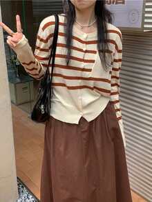 條紋圖案前排扣開襟衫 - 杏色 - 查看 3