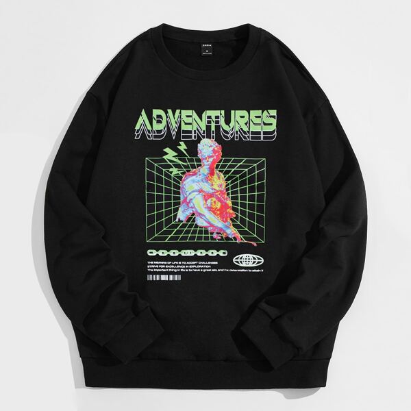 

Men Figure And Slogan Graphic Pullover, Black