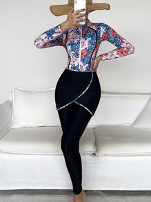 3pack Full Body Floral Print Zip Front One Piece Swimsuit & Cover Up Skirt - Multicolor - View 1