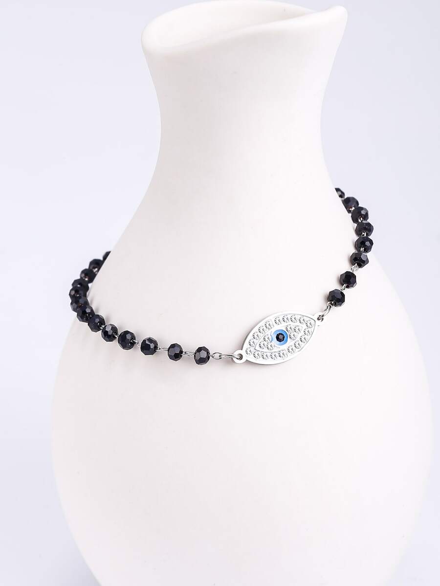 Crystal & Eye Decor Beaded Bracelet - Silver - View 1