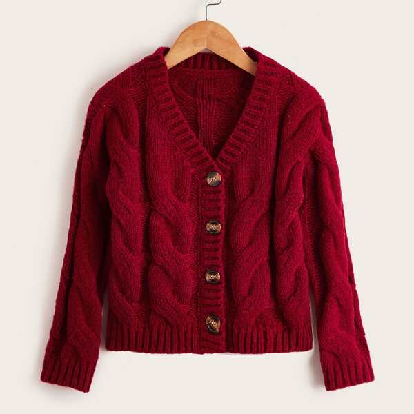 

Girls Solid Cable Knit Button Up Cardigan, Burgundy