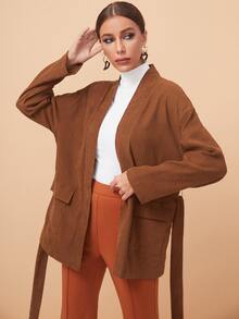 SHEIN Drop Shoulder Flap Pocket Belted Coat - Rust Brown - View 3