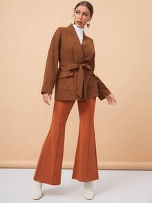 SHEIN Drop Shoulder Flap Pocket Belted Coat - Rust Brown - View 4