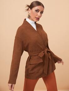 SHEIN Drop Shoulder Flap Pocket Belted Coat - Rust Brown - View 5