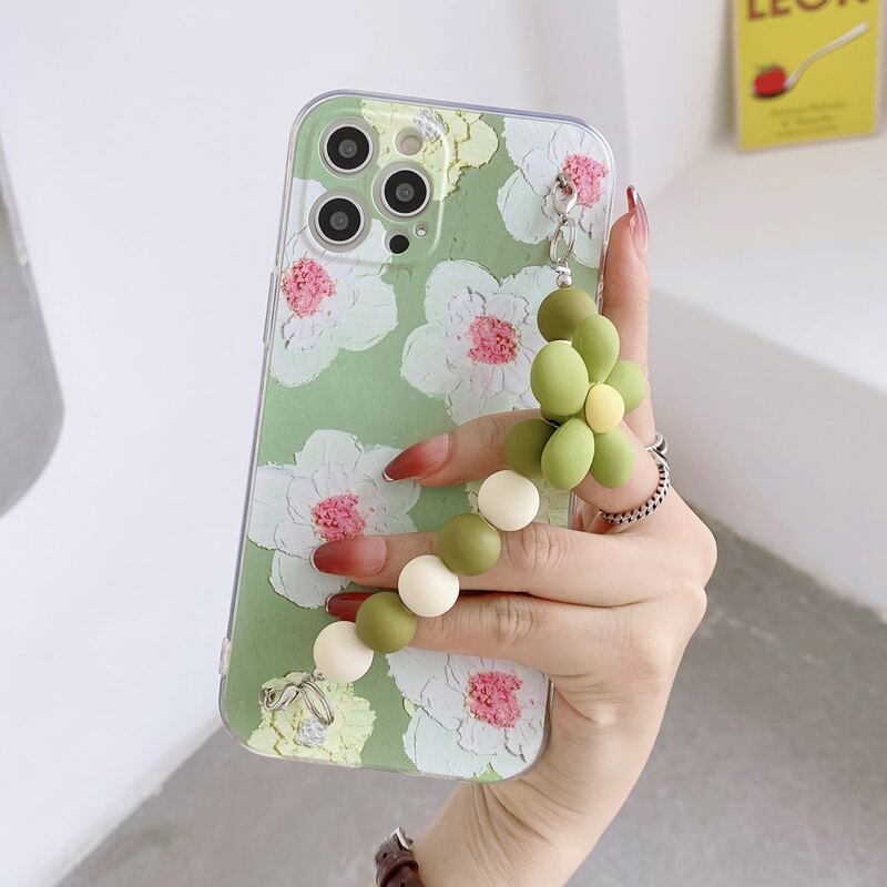 

Flower Pattern Phone Case With Beaded Hand Strap, Multicolor