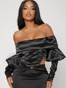 SHEIN SXY Off Shoulder Gigot Sleeve Asymmetrical Hem Satin Top - Black - View 1