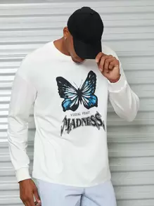 Manfinity Men Letter & Butterfly Print Drop Shoulder Pullover - White - View 1