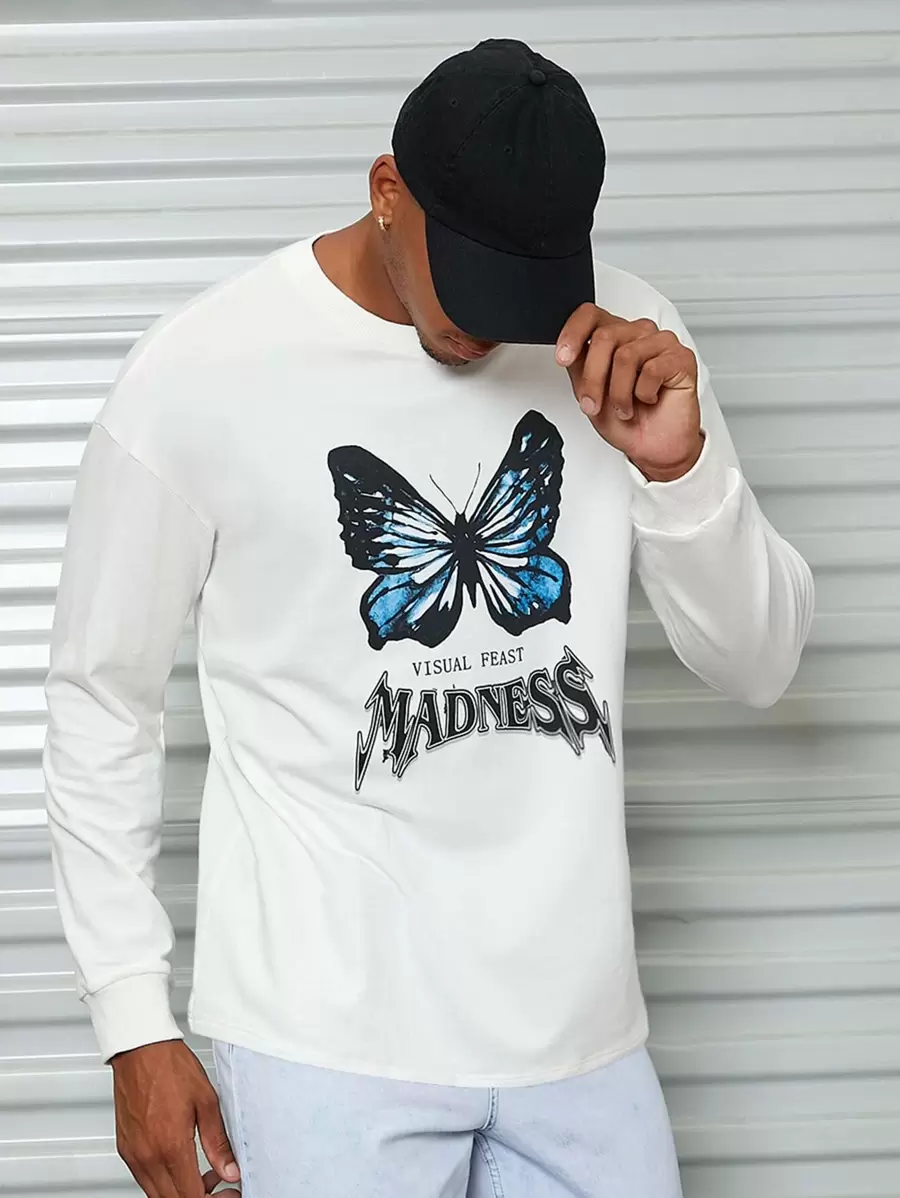 Manfinity Men Letter & Butterfly Print Drop Shoulder Pullover - White - View 1