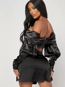 SHEIN SXY Off Shoulder Gigot Sleeve Asymmetrical Hem Satin Top - Black - View 2