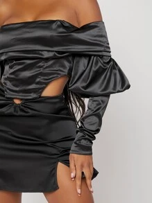 SHEIN SXY Off Shoulder Gigot Sleeve Asymmetrical Hem Satin Top - Black - View 4