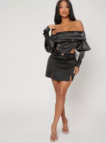 SHEIN SXY Off Shoulder Gigot Sleeve Asymmetrical Hem Satin Top - Black - View 5