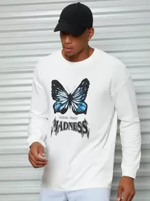 Manfinity Men Letter & Butterfly Print Drop Shoulder Pullover - White - View 6