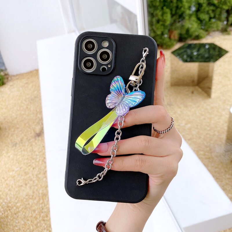 

Plain Phone Case With Butterfly Decor Hand Strap, Multicolor