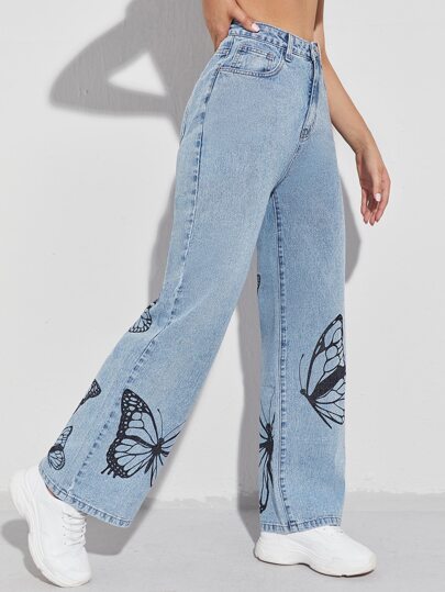 SHEIN EZwear Butterfly Print Wide Leg Jeans SHEIN South Africa