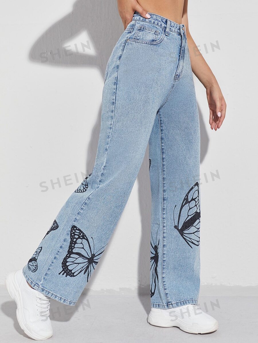 SHEIN EZwear Jeans con estampado de mariposa de pierna ancha