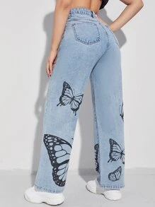 SHEIN EZwear Jeans con estampado de mariposa de pierna ancha