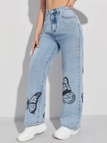 SHEIN EZwear Jeans con estampado de mariposa de pierna ancha