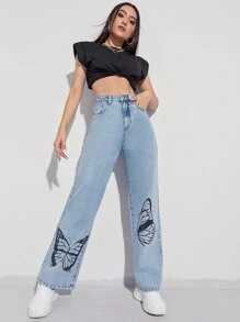 SHEIN EZwear Jeans con estampado de mariposa de pierna ancha