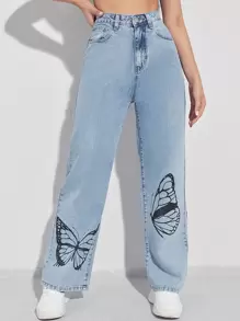 SHEIN EZwear Jeans con estampado de mariposa de pierna ancha