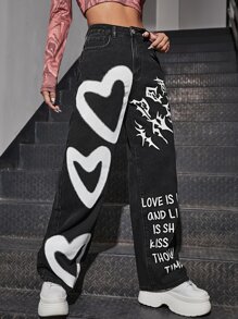 High Waist Heart & Slogan Graphic Jeans - Black - View 1