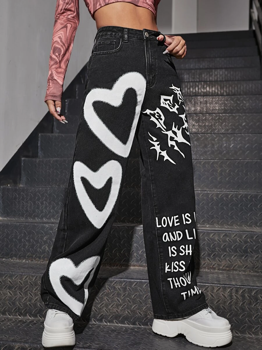 High Waist Heart & Slogan Graphic Jeans - Black - View 1