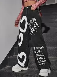 High Waist Heart & Slogan Graphic Jeans - Black - View 4