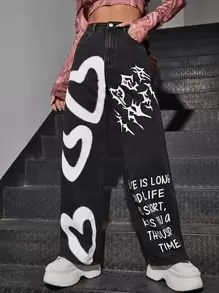 High Waist Heart & Slogan Graphic Jeans - Black - View 5