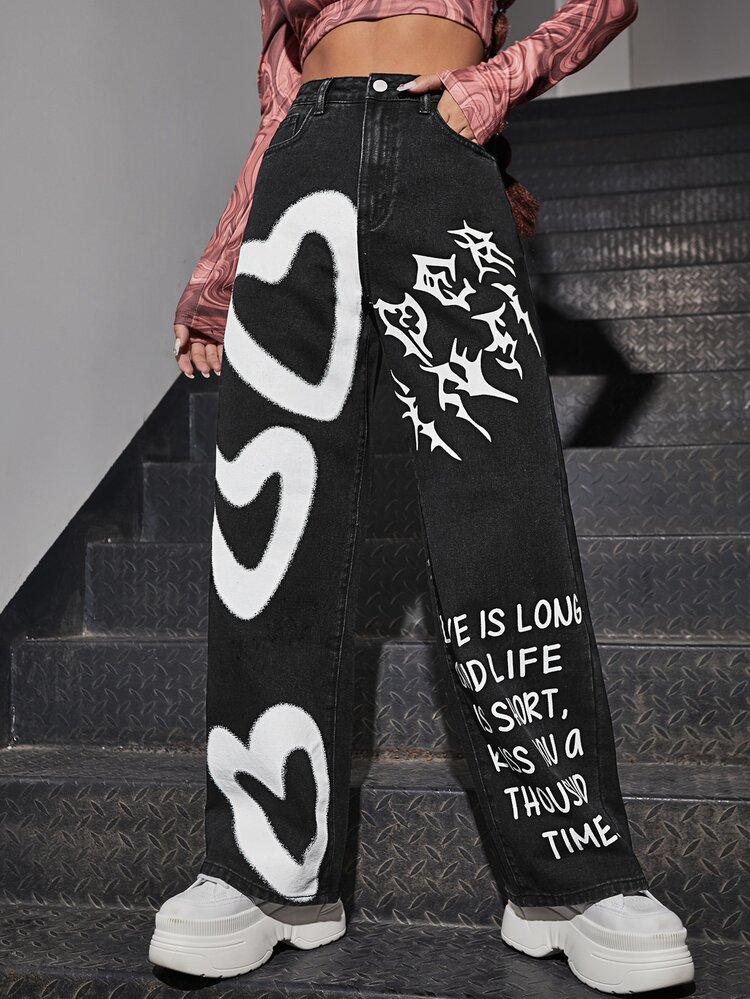 High Waist Heart & Slogan Graphic Jeans - Black - View 5