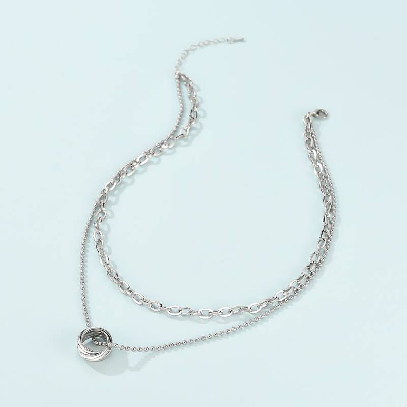 

Twist Ring Layered Chain Necklace, Silver