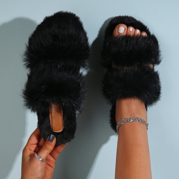 

Minimalist Strap Fluffy Bedroom Slippers, Black