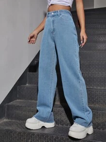 SHEIN EZwear Fire Print Raw Hem Straight Leg Jeans - Light Wash - View 3