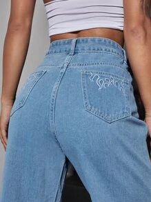 SHEIN EZwear Fire Print Raw Hem Straight Leg Jeans - Light Wash - View 4