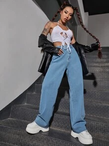 SHEIN EZwear Fire Print Raw Hem Straight Leg Jeans - Light Wash - View 6