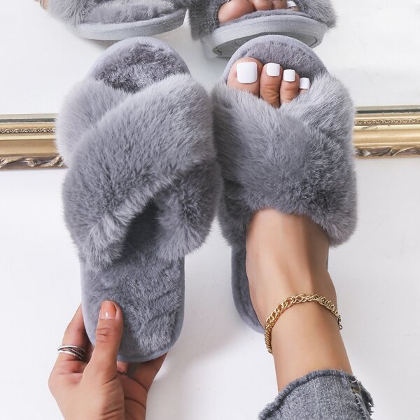

Minimalist Cross Strap Fluffy Slippers, Grey