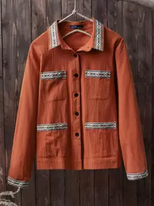Áo khoác nữ Nút Nghề thêu Túi màu trơn Giải trí - Màu Cam cháy - Xem 1