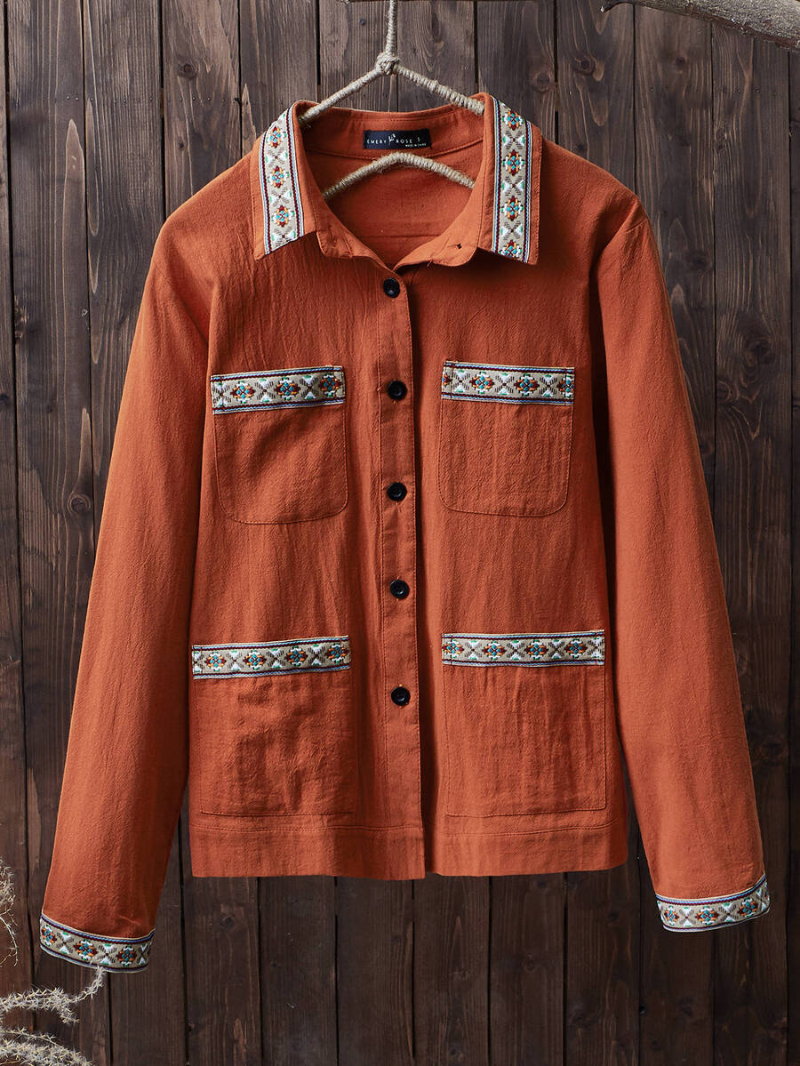 Áo khoác nữ Nút Nghề thêu Túi màu trơn Giải trí - Màu Cam cháy - Xem 1