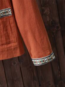 Áo khoác nữ Nút Nghề thêu Túi màu trơn Giải trí - Màu Cam cháy - Xem 3